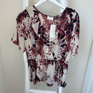 Sienna Sky Women’s Floral V Neck Ruffled Blouse Top Size Large